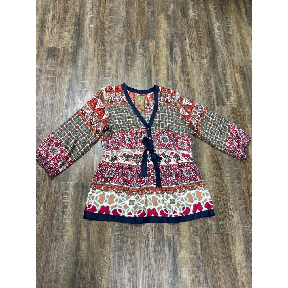 Johnny Was 100 % Silk Paisley Print Tie Front Tunic Top Multicolor Womens Small